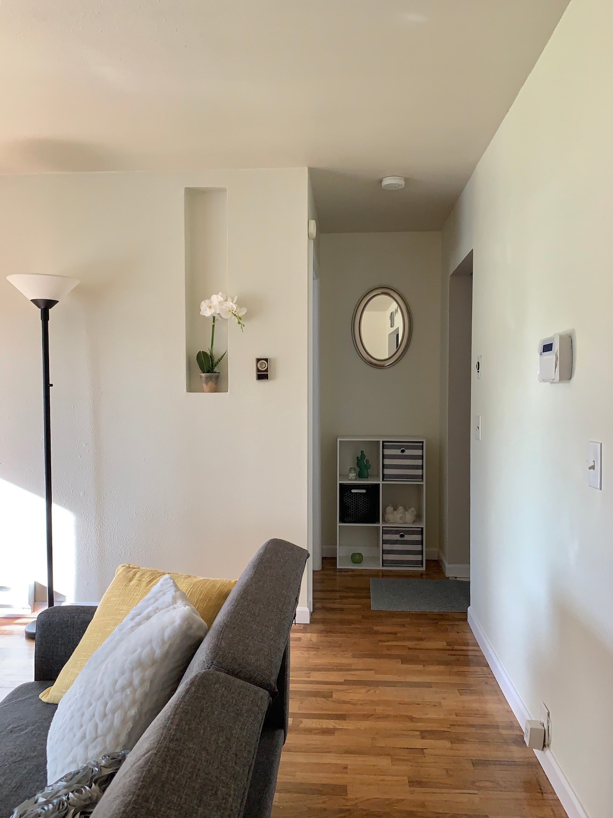 A spacious living area is complemented by a grey sofa adorned with cozy pillows. A floor lamp stands beside the sofa, casting gentle light. The entrance features a round mirror, a small shelf with decor, and a hallway visible leading to other rooms.