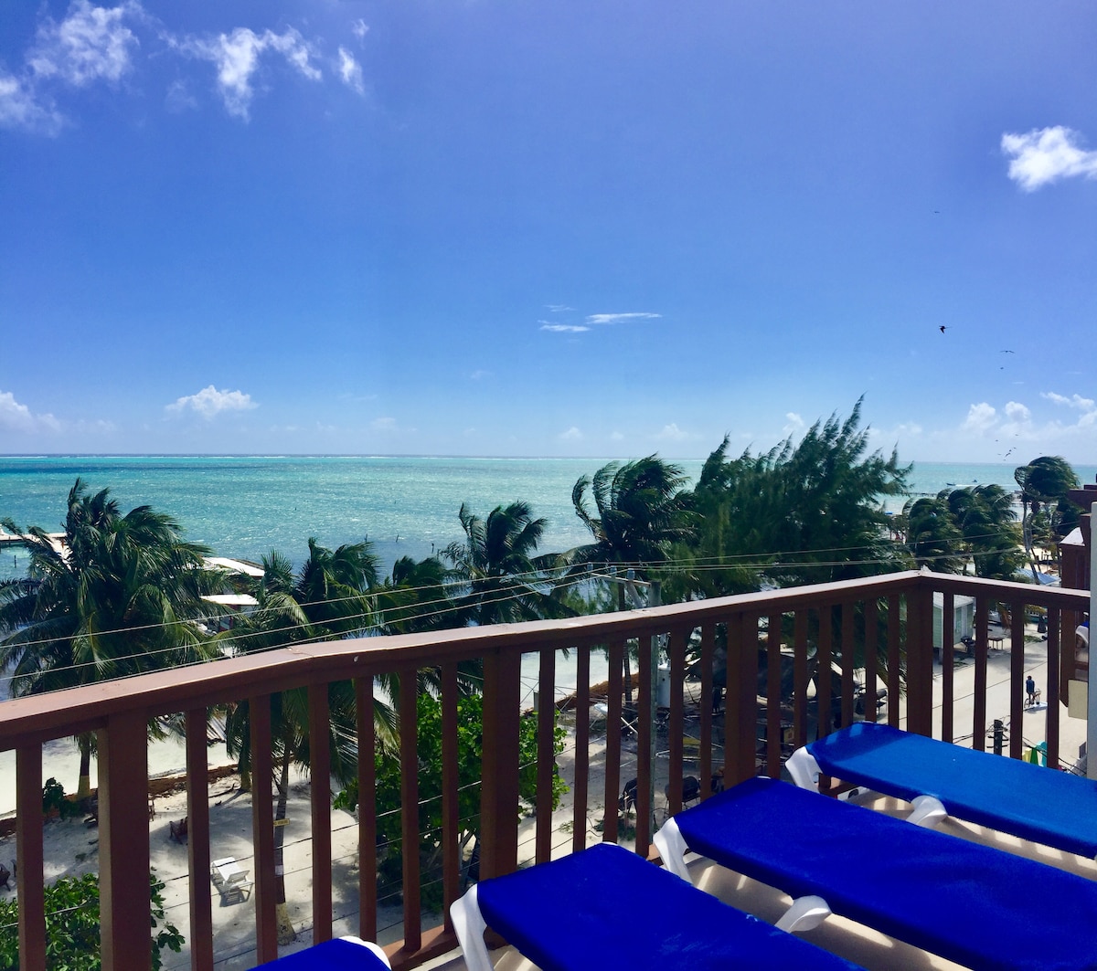 A spacious balcony features blue lounge chairs, offering a view of the vibrant Caribbean Sea. Gentle waves lap against the shore, while palm trees sway under a clear blue sky. The scenery includes a sandy beach and distant islands, enhancing the serene coastal atmosphere.
