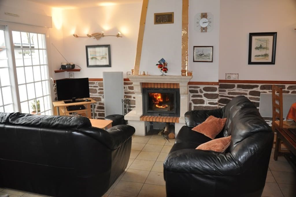 espace salon avec cheminée de feu de bois