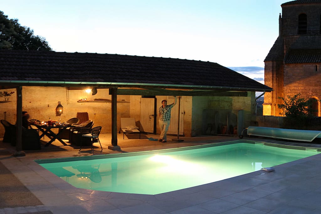 The pool, as evening falls.
