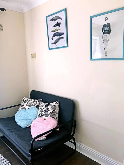 a comfortable sofa for relax, also can open as third bed