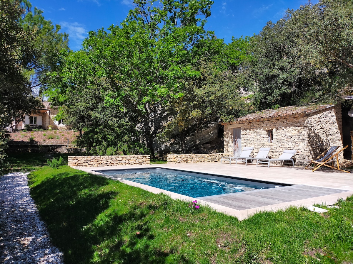A refreshing salt-water pool is surrounded by a stone deck, complemented by lounge chairs. Lush green grass and a large tree provide shade. A stone pool house is visible, nestled among the natural landscape. The clear blue sky adds a vibrant backdrop to the serene setting.