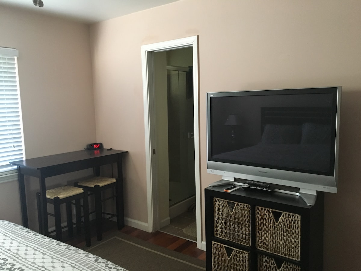 A master bedroom is presented with soft, neutral walls and hardwood flooring. A large television sits atop a storage unit, and a small table with two stools is visible nearby. A door leads to the attached bathroom, and natural light enters through the window, which is covered by blinds.