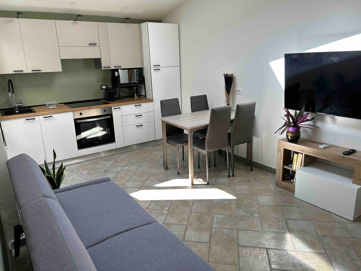 An open space kitchen and living area is displayed, featuring modern cabinetry and appliances. A dining table with four chairs is positioned next to a large window. A comfortable sofa is situated to the left, and a television is mounted on the wall opposite.