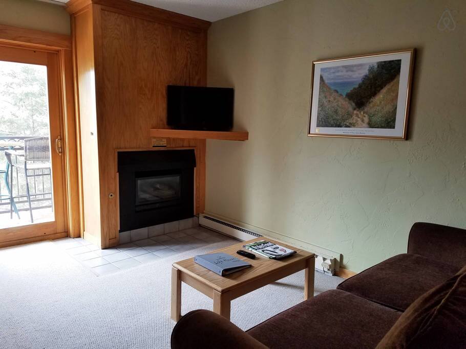 Living area offers 32-inch television and gas fireplace