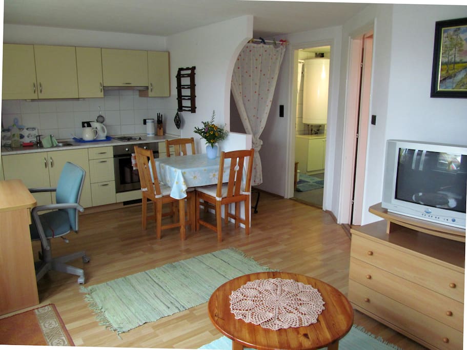 The kitchen area.