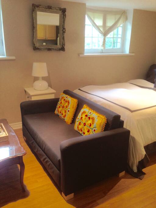 Ikea pull-out couch with foam mattress.