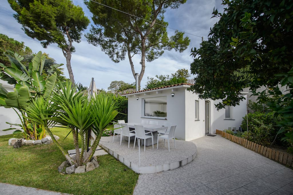 Esterno con tavolo e giardino