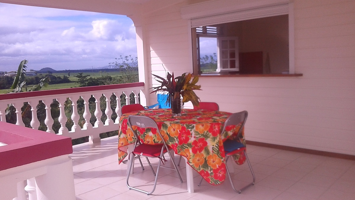 An outdoor dining space features a vibrant floral tablecloth covering a round table. Four metal chairs surround the table, with a view of the landscape visible through an open window. Lush greenery and distant hills can be seen in the background, enhancing the tranquil setting.