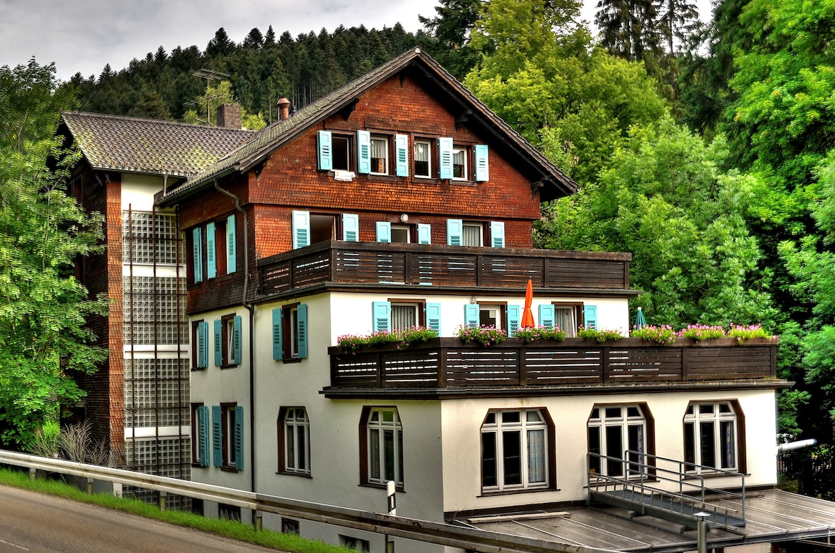 The exterior of a three-story building is presented, featuring a combination of wooden and stucco elements. Blue shutters adorn multiple windows, which are surrounded by greenery. A spacious balcony on the second level is decorated with flowers, enhancing the welcoming appearance.