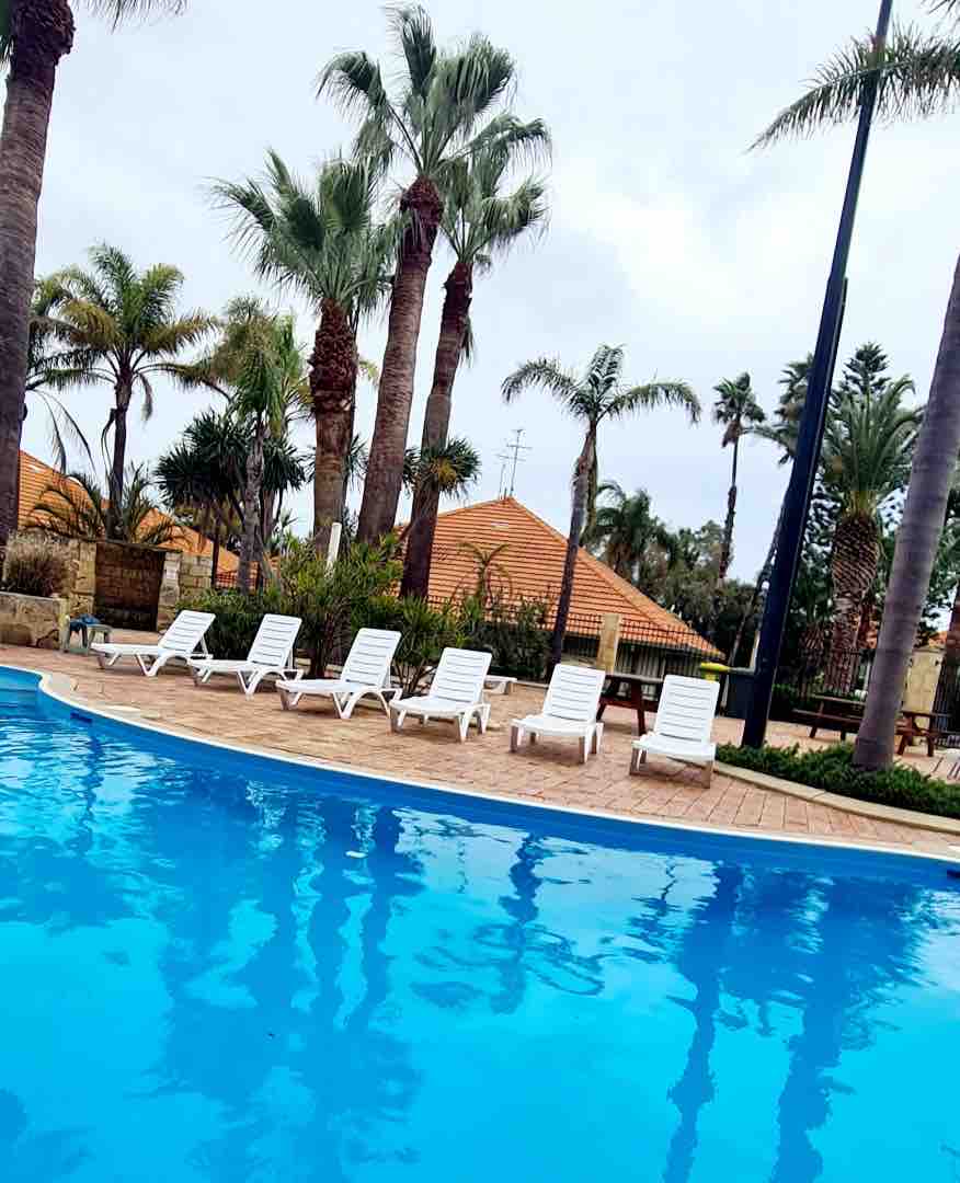 A clear pool is surrounded by a tiled area, featuring several white sun loungers positioned along the edge. Palm trees provide shade while a thatched-roof structure can be seen in the background, adding to the tropical resort atmosphere.