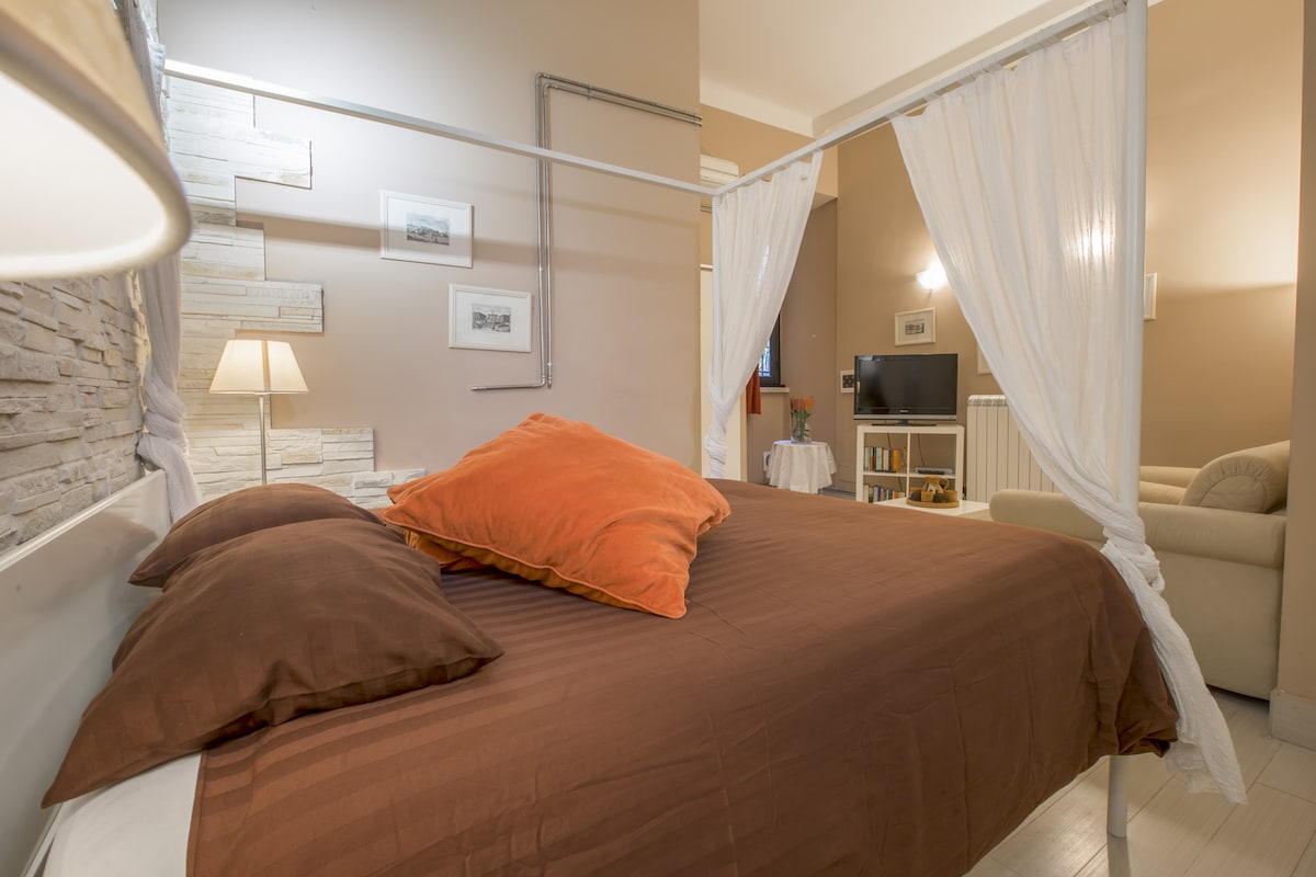 A spacious bed is dressed in warm brown linens, complemented by large orange throw pillows. Soft lighting from a nearby lamp offers a welcoming atmosphere. In the background, a television is visible along with a cozy seating area, framed by curtains that add a touch of privacy.
