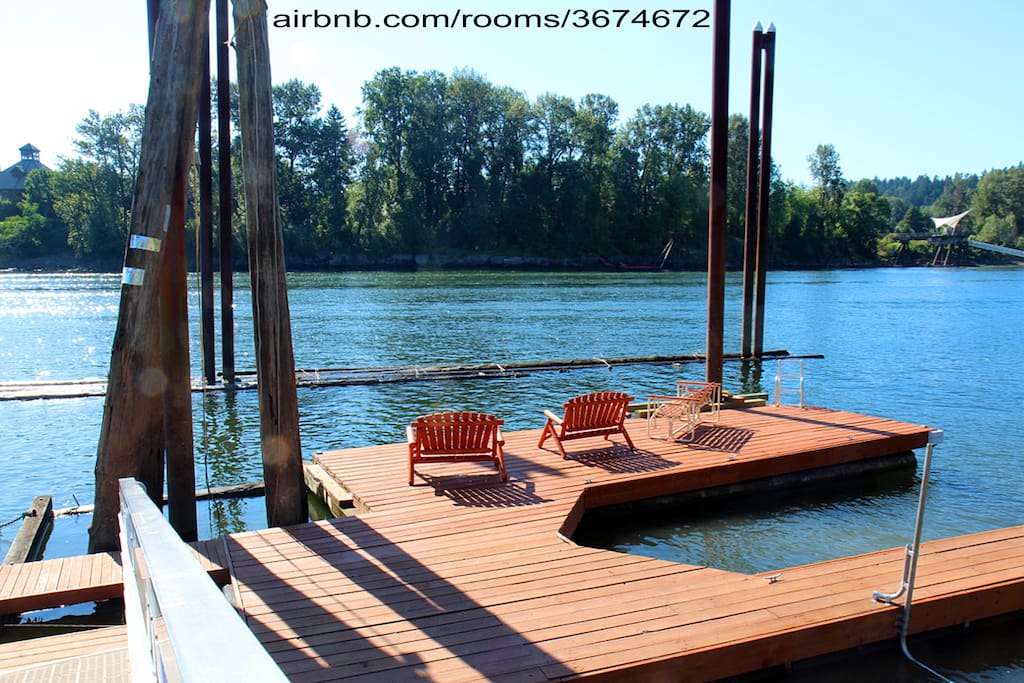 Waterside Seating on the Dock. Swim Ladder and Kayak Loading Bracket.