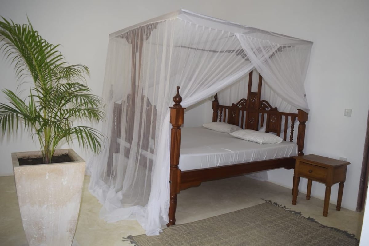 A canopied bed with a wooden frame is positioned in the room, fitted with light fabric drapes. A small bedside table stands beside the bed. A potted plant adds a touch of greenery to the neutral-toned space, which features a simple rug on the floor.