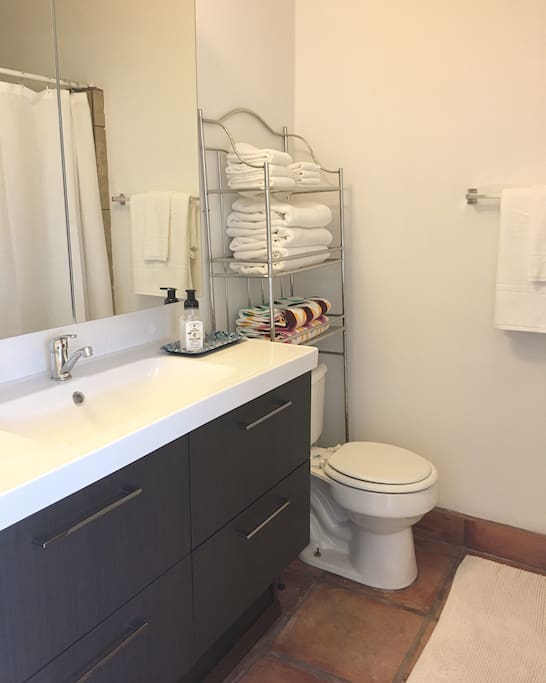 Bathroom with everything you need, including shampoo, conditioner and body wash