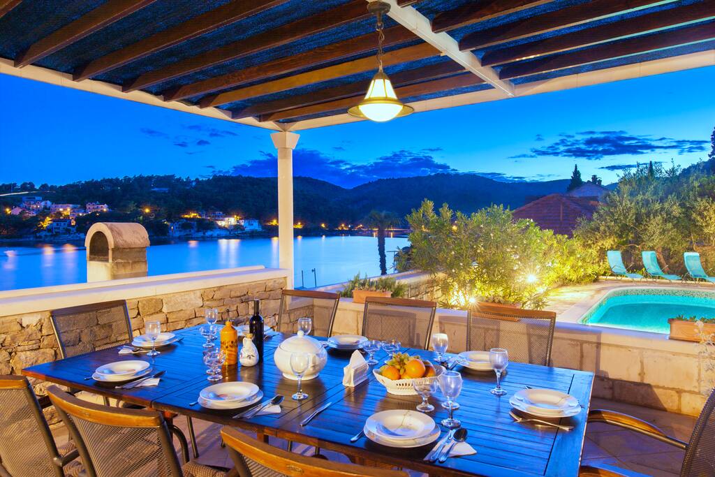 Villa MIR VAMI, Sumartin, Brac Island, Outside dinning area, terrace overlooking sea and harbor