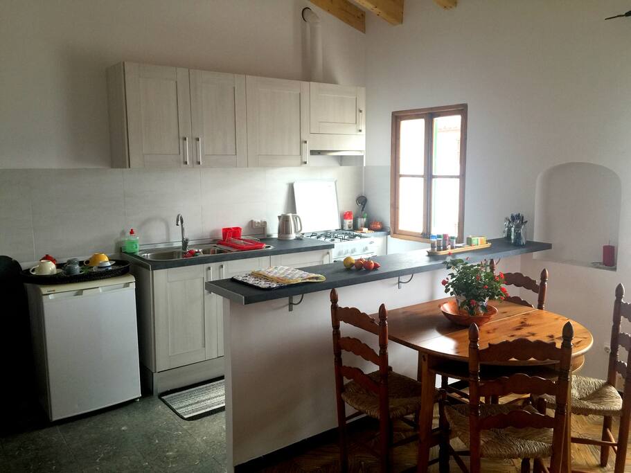 The kitchen is full equiped with the basics for cooking.