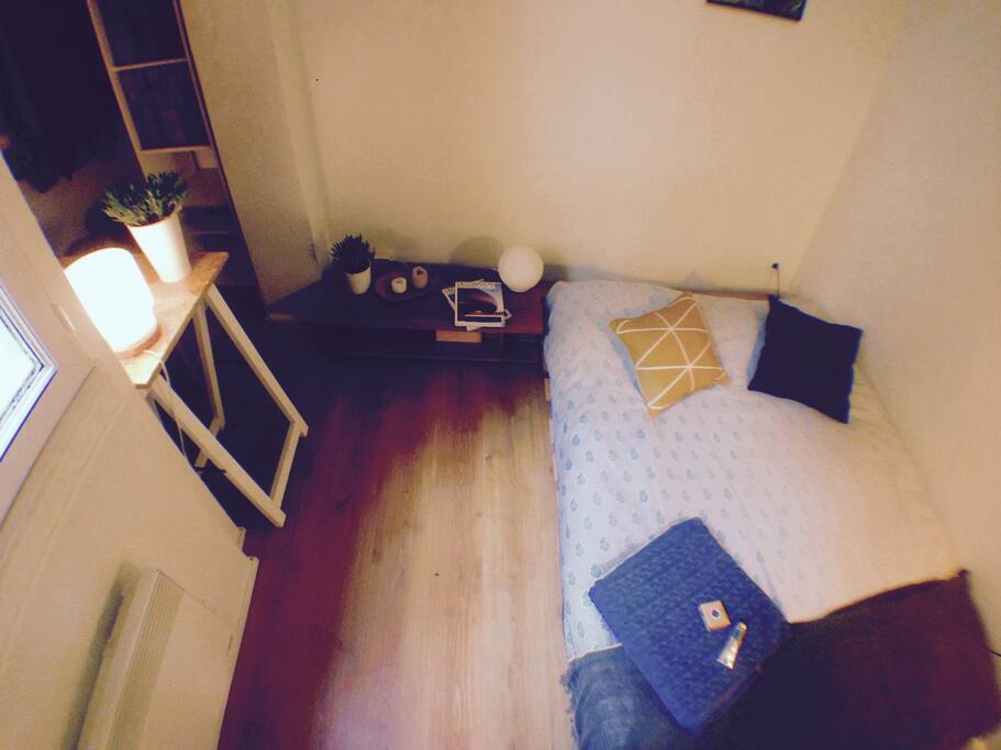 The bedroom is small but well-organised with a big and comfortable double bed, and an alcove for the desk and the closets.