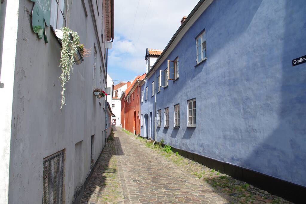 The alley. My apartment is on the first floor in the blue house.