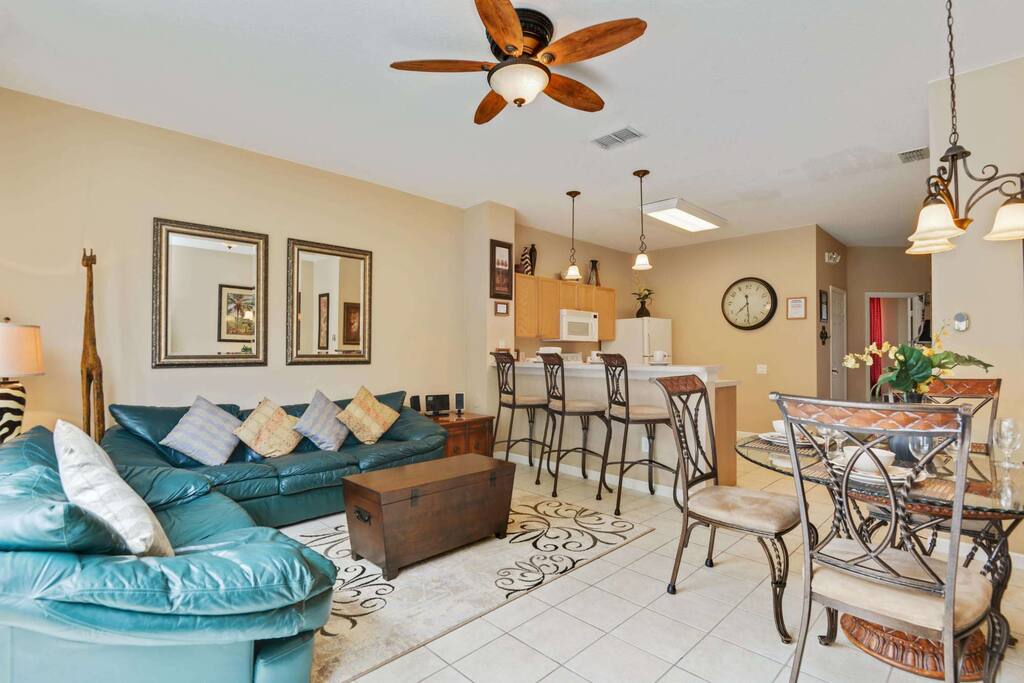 This open plan family room offers spacious living for everyone with room to spare. Having more room brings families closer together! No more cramped hotel rooms when you can stay here for a fraction of the cost.