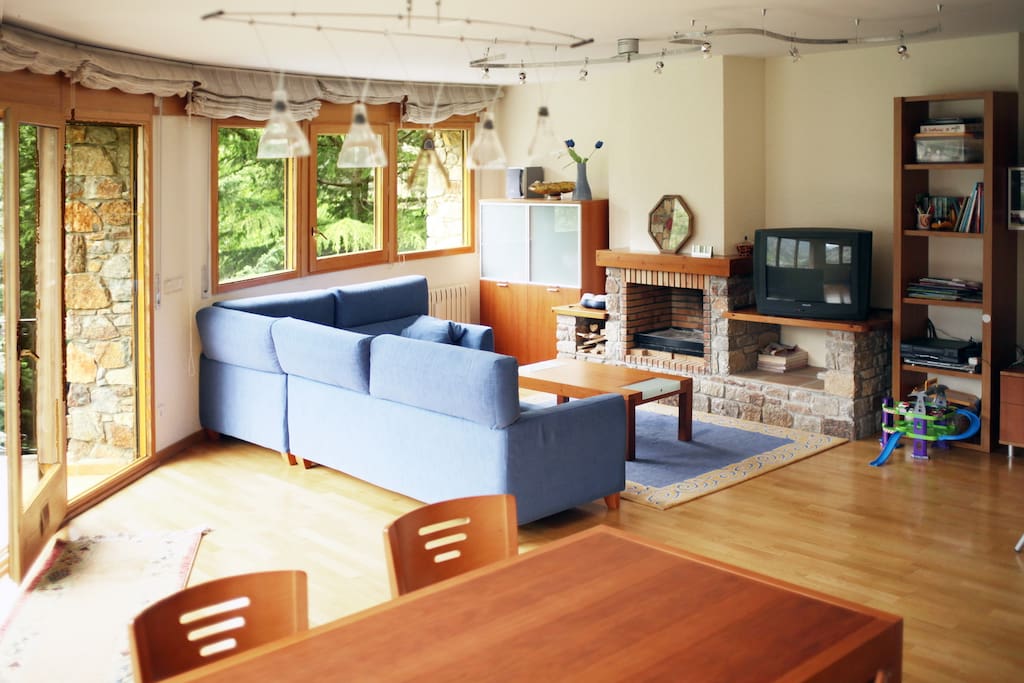 Large Livingroom with a fireplace and panoramic windows
