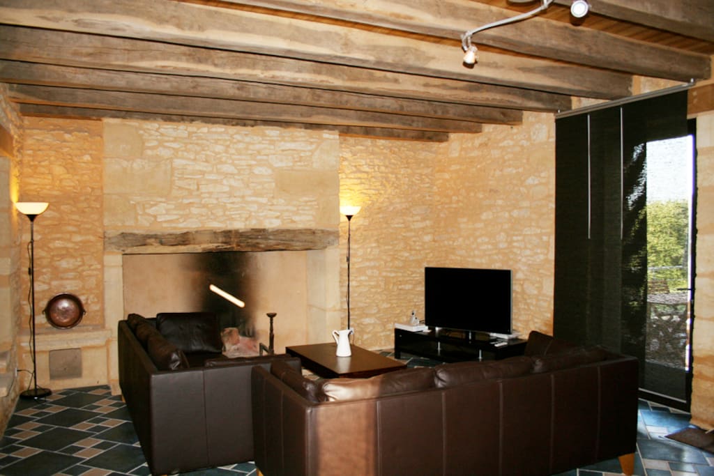 Salon avec canapés cuir / TV / cheminée