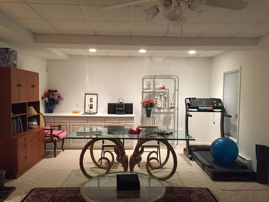 Work space (with wifi!), mini gym, stereo, coffee and tea!