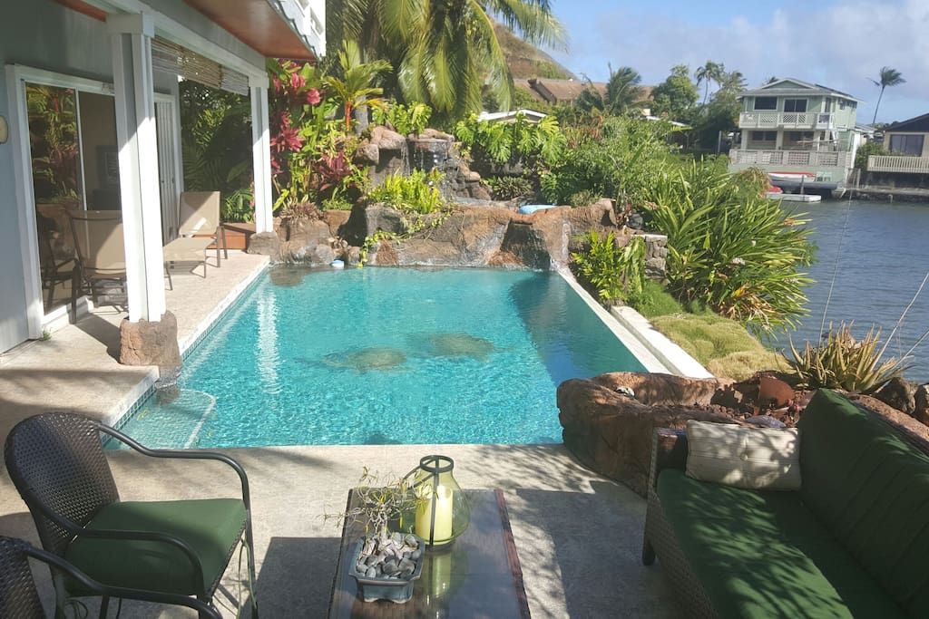 Infinity edge pool, fire pit, and hot waterfall spa!