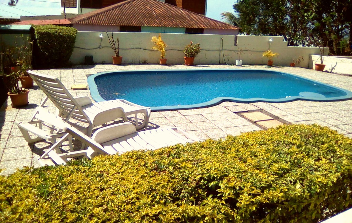 A swimming pool is surrounded by well-maintained greenery and potted plants. Several lounge chairs are positioned beside the pool, offering a place to relax. Sunlight reflects off the water's surface, creating a serene atmosphere in the outdoor space.