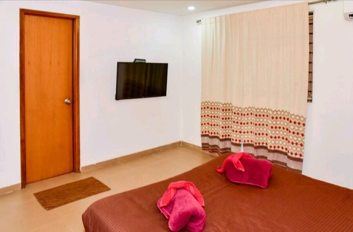 A spacious room features a large bed with a brown coverlet and two pink towels folded on top. A wall-mounted television is positioned opposite the bed, and a nearby window is dressed with light curtains embellished with a decorative pattern.