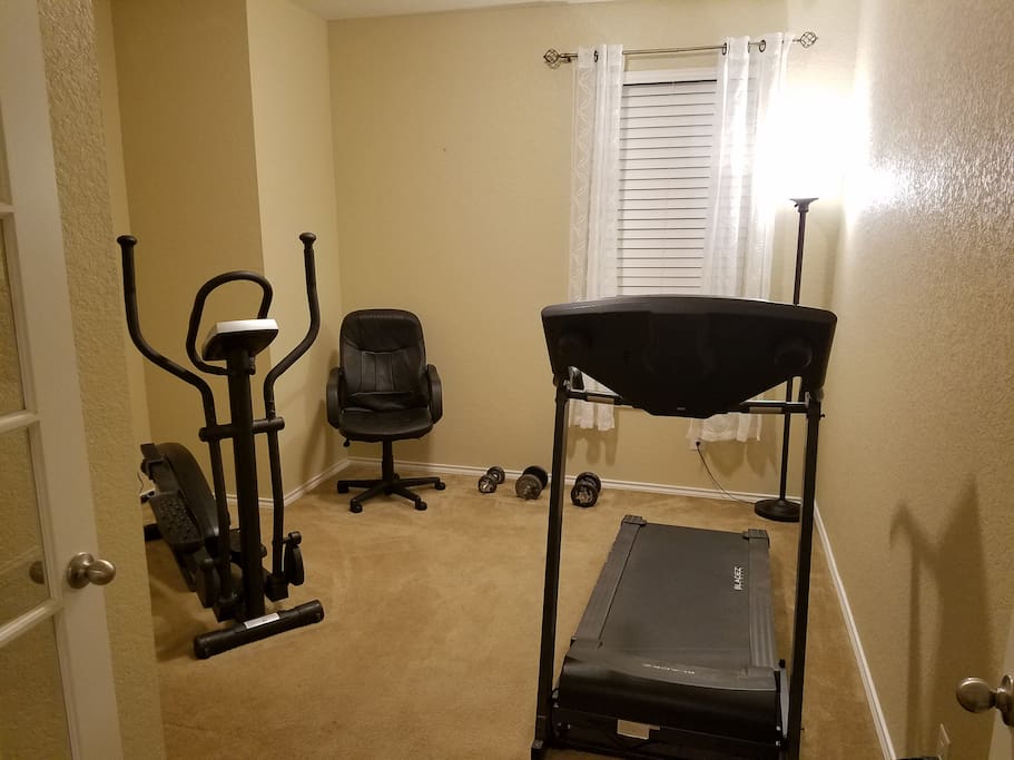 Treadmill Elliptical and Free weights to get your workout on. Feel free to post an encouraging message on the wall!