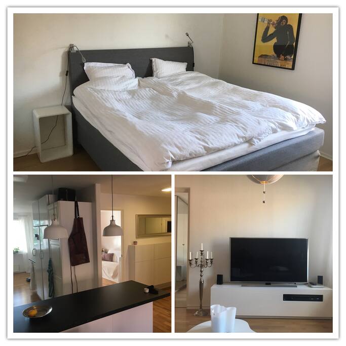 Master bedroom, kitchen/hall/third room & tv in the living room