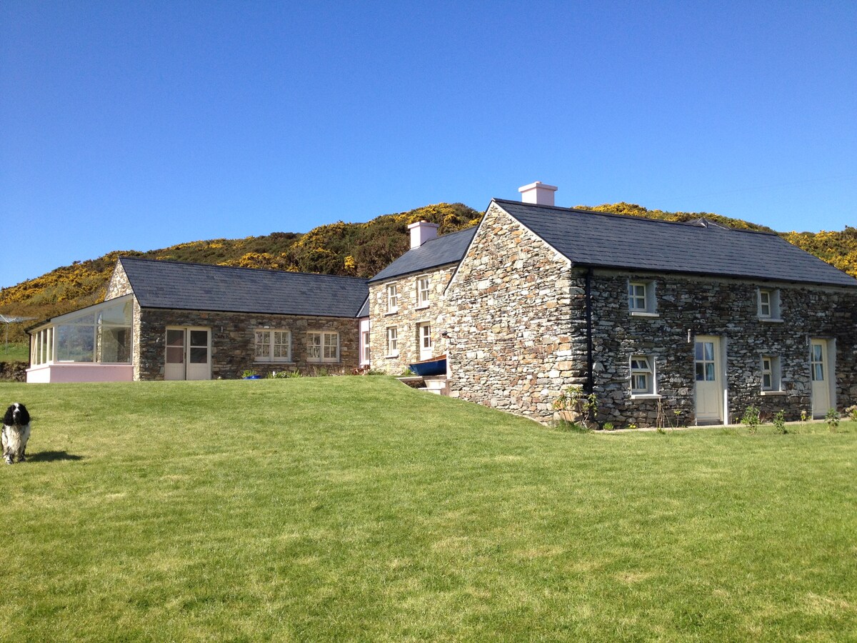 A spacious family holiday home is nestled in a green landscape, featuring a combination of stone and modern construction. The exterior showcases multiple gabled roofs under a clear blue sky, with well-maintained grassy areas and a hill covered in yellow gorse in the background.