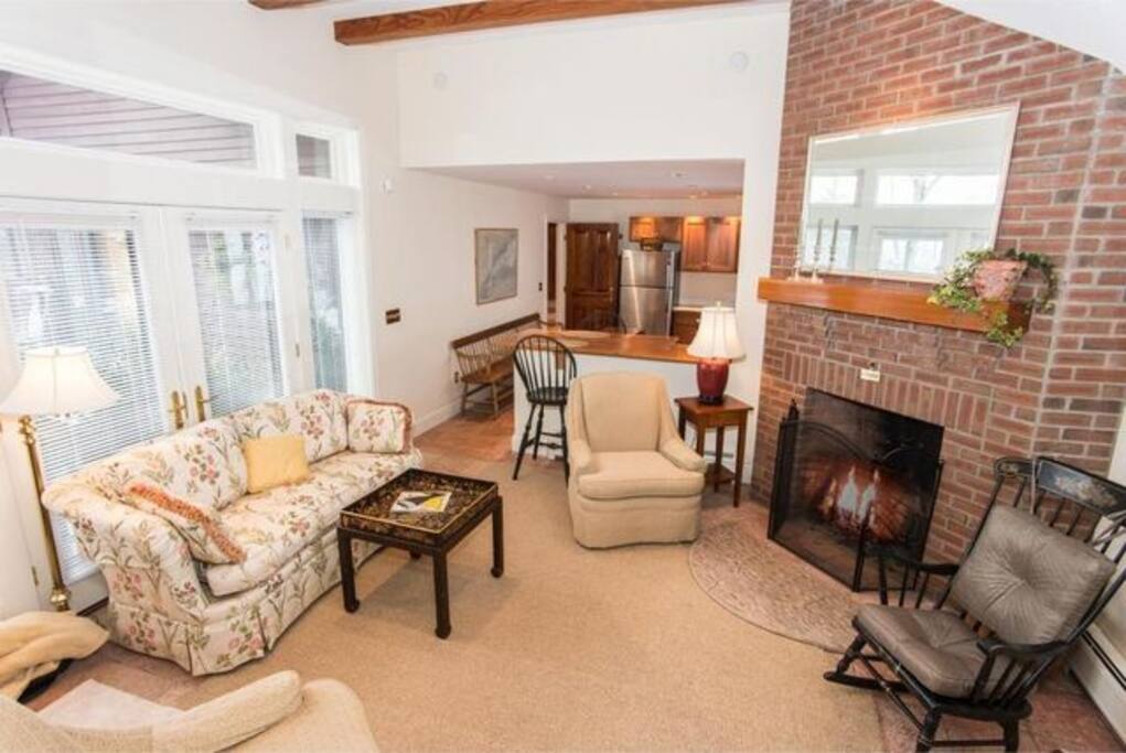 Comfortable living area with wood burning fireplace