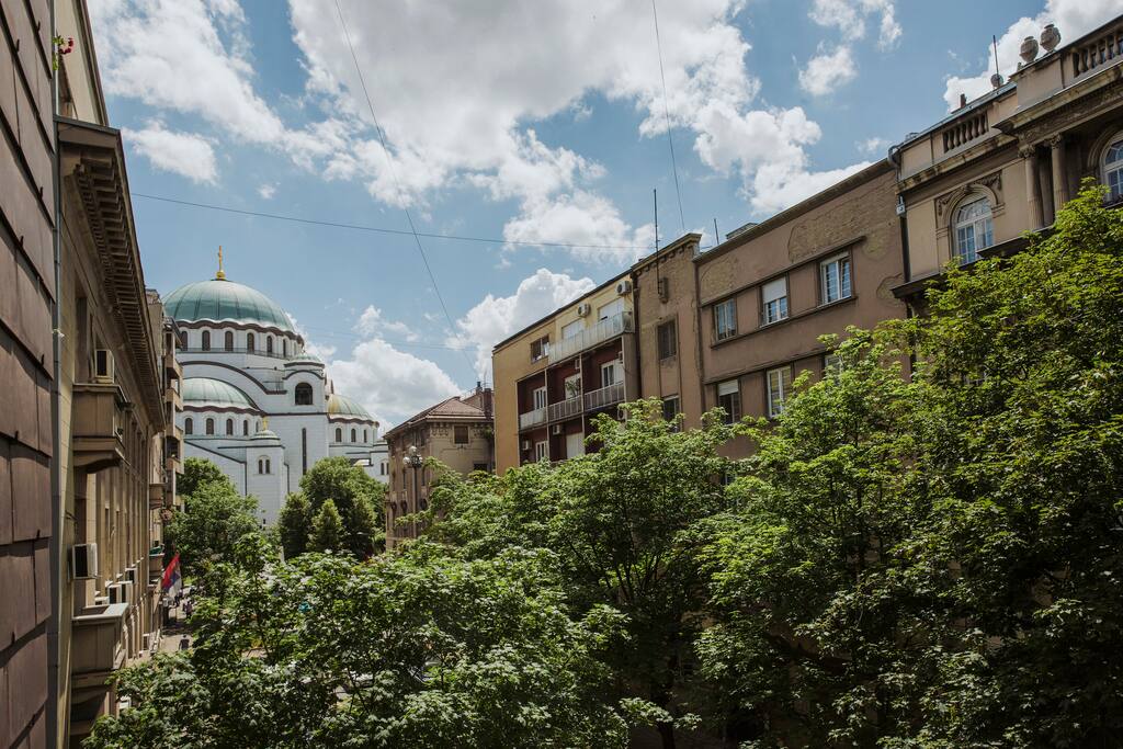 Window view St. Sava Temple is in our street