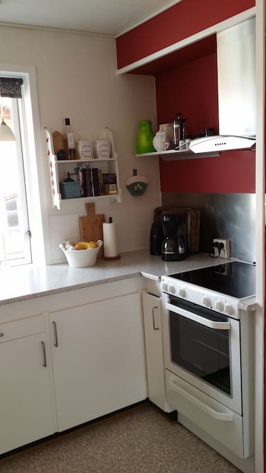Køkken med gratis kaffe, the og frugt, samt mulighed for selv at tilberede maden.