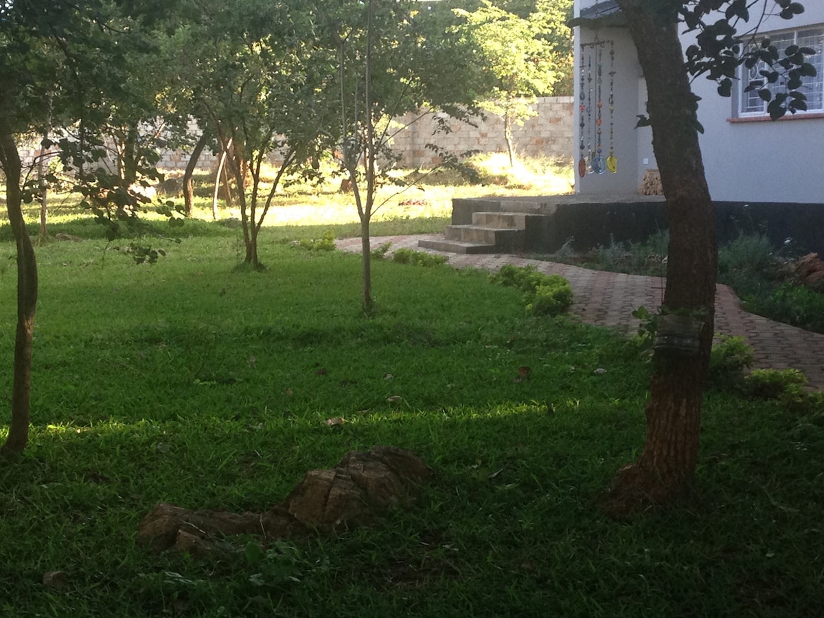 A serene garden is depicted, showcasing lush green grass and clusters of trees. A paved pathway meanders through the greenery, leading towards a light-colored cottage partially visible on the right. Natural sunlight filters through the foliage, creating a peaceful ambiance.