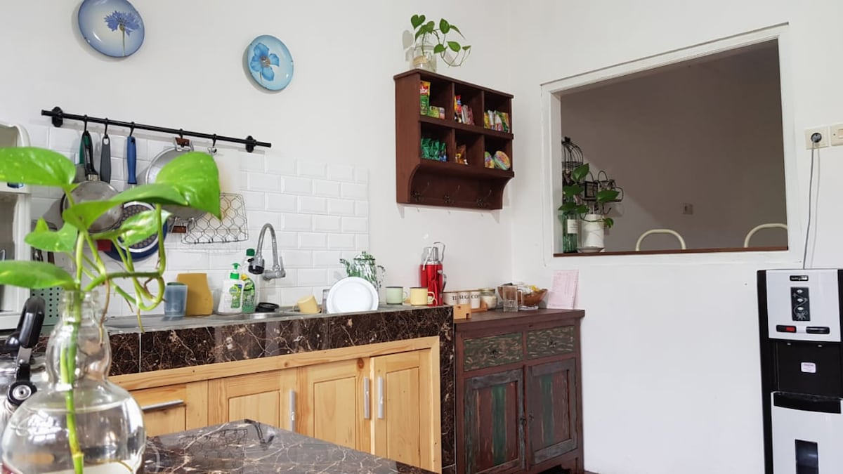 The kitchen features wooden cabinets and a marble countertop. Various kitchen utensils and cleaning supplies are organized neatly. A small window provides natural light, and a plant sits on the surface, adding a touch of greenery. A refrigerator is visible in the corner.