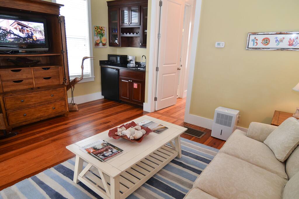 Living area has a full size sofa and large, flat screen tv