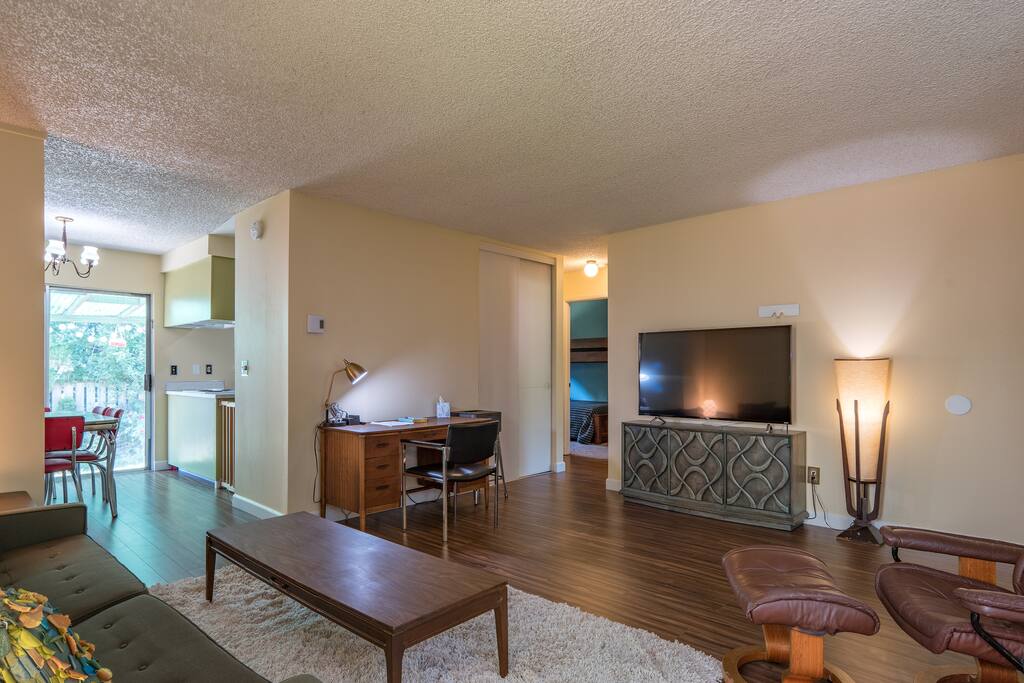 Each piece of furniture is vintage, but all the conveniences of modern life are provided.