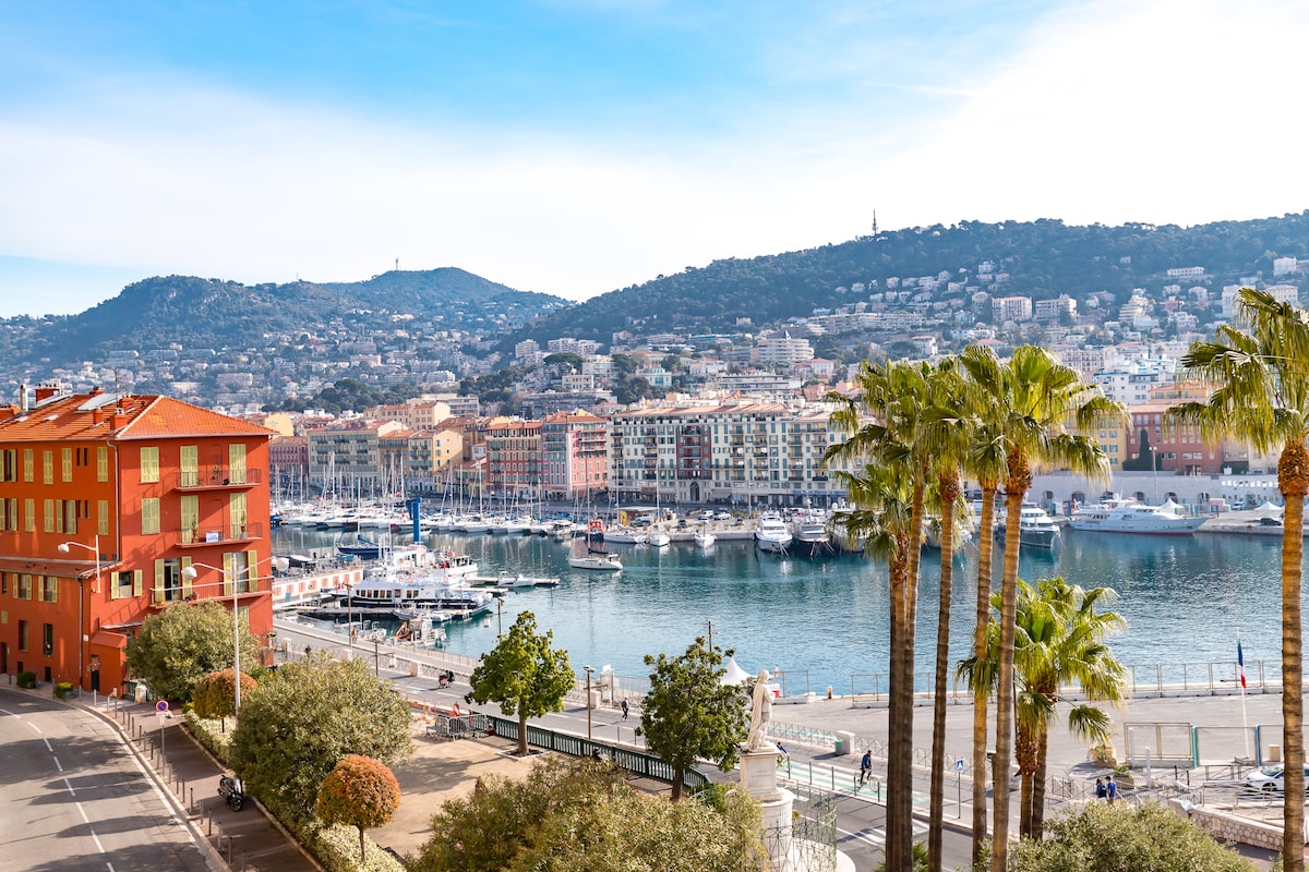A scenic view of the port is presented, with palm trees framing the foreground. Colorful buildings line the waterfront, reflecting on the water. Mountains rise in the background under a clear blue sky, completing a picturesque coastal landscape.