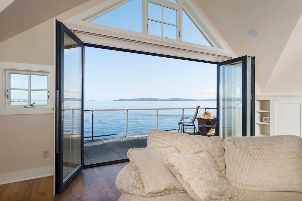 The Great Room opens onto a deck overlooking the Puget Sound