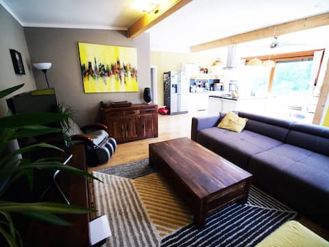 Lakeside house with playground, fireplace & hot tub