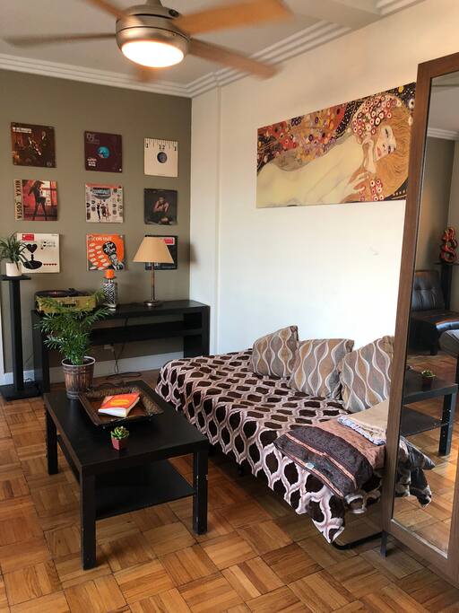 This is your comfy pull out bed that you get to rest and lounge on while you stay here in Los Angeles. Remember there may be other friendly guests sharing the spacious living room with yah :)