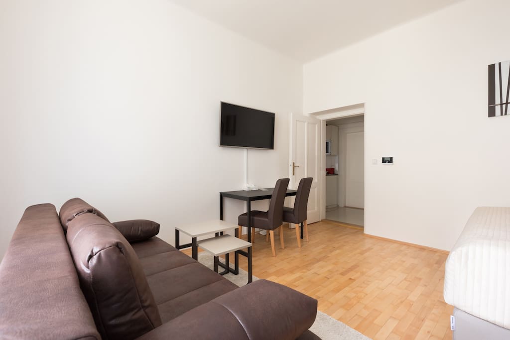 The room is large (21m2) and bright and has wooden floor and high ceiling.