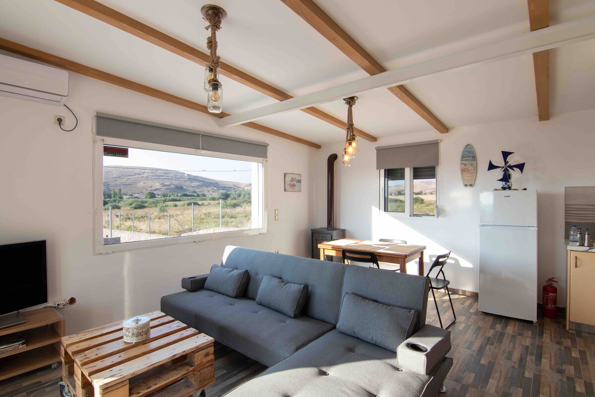 A bright living space is shown with a comfortable gray sofa and a television. A dining table is positioned nearby next to a fridge. Large windows provide views of the surrounding landscape and allow natural light to fill the room. Light-colored walls and beams enhance the space.