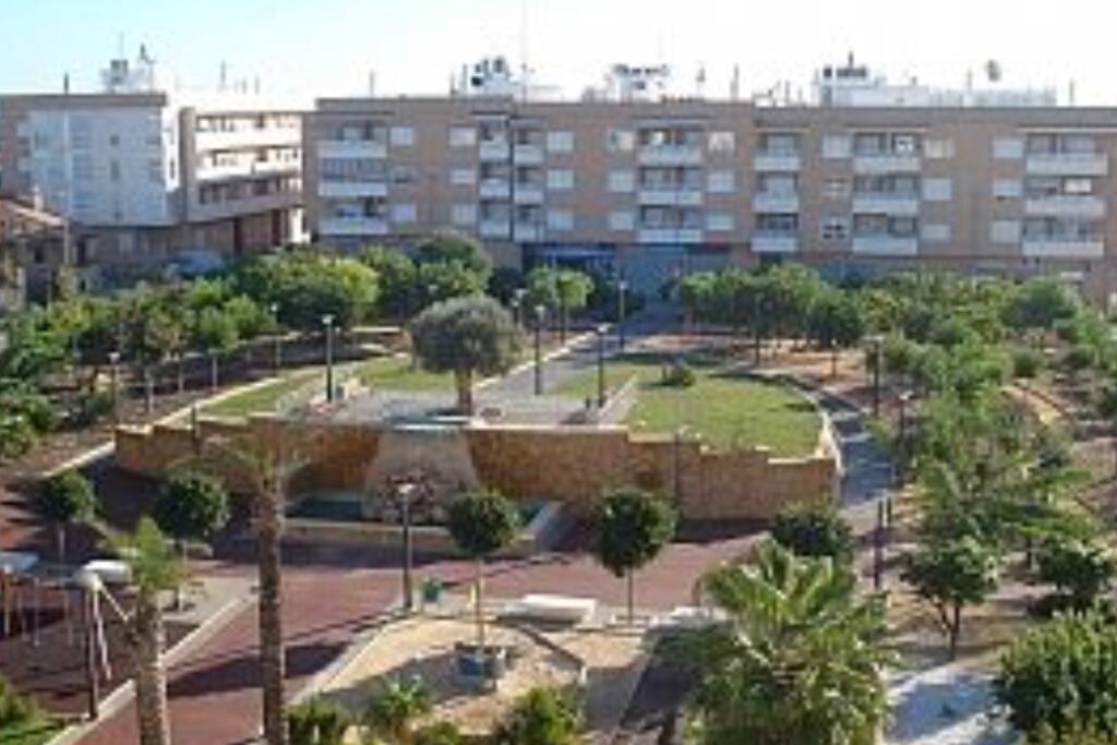 The waterfall park viewed from the roof