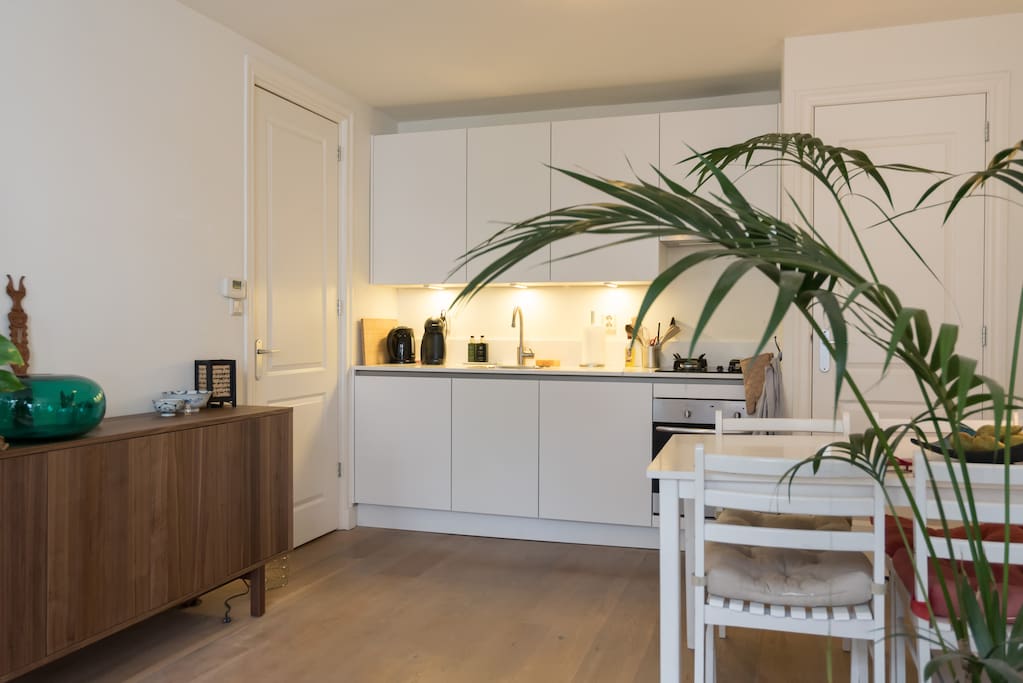 The kitchen with oven and dishwasher