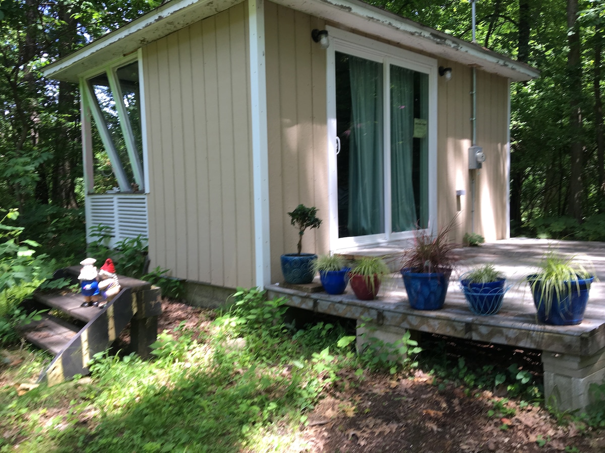 A private cottage is surrounded by lush greenery and features a wooden deck adorned with several blue planters. Steps lead up to the entrance, which is framed by large windows allowing natural light to fill the interior.