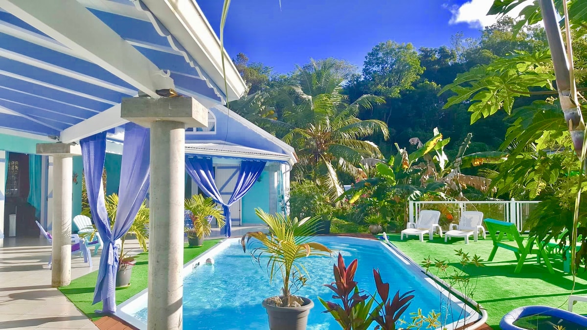 A private salt-water pool is surrounded by lush greenery and tropical plants. Sun loungers are positioned nearby on a lawn area, while vibrant purple drapery adds a touch of color to the space. The terrace provides a serene atmosphere complemented by the natural landscape.